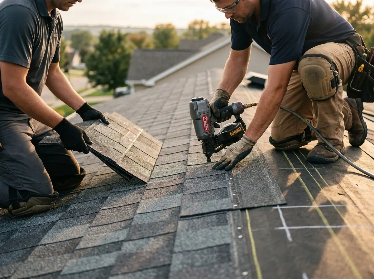 Professional roofer working on a residential roof in Shively